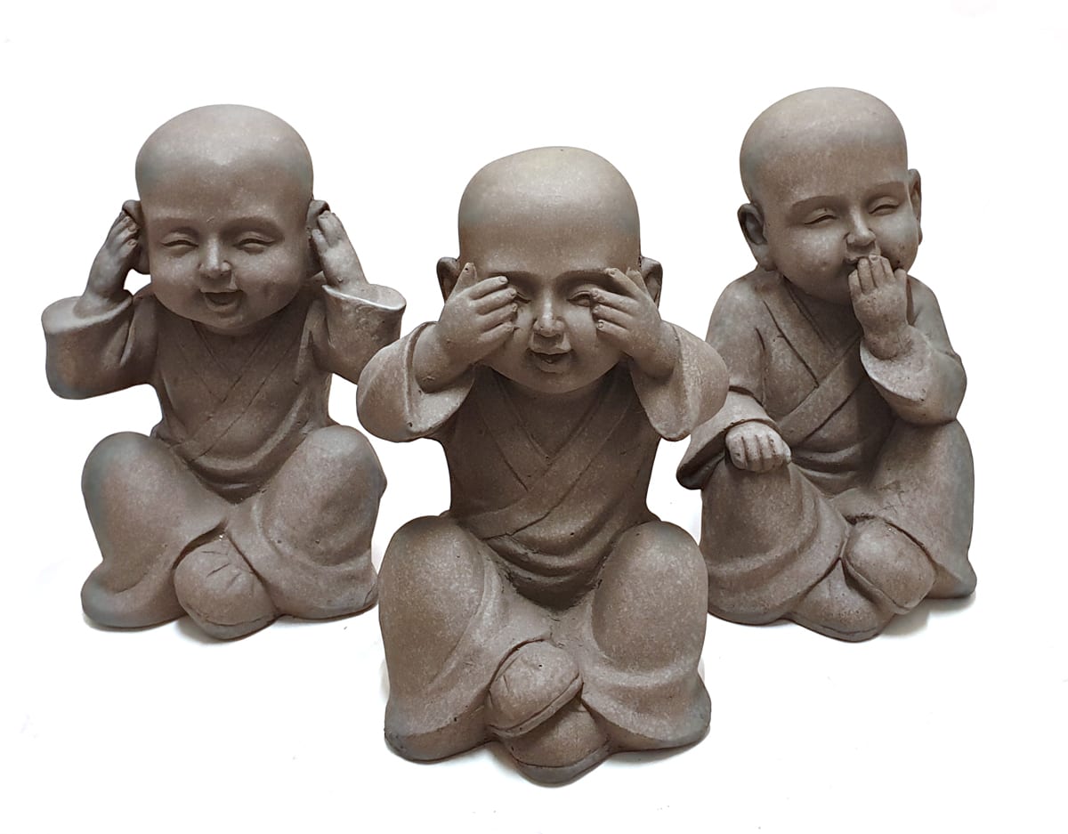 Horen zien zwijgen beeldjes Boeddha Shaolin monnikjes horen/zien/zwijgen grijs hoogte 30cm