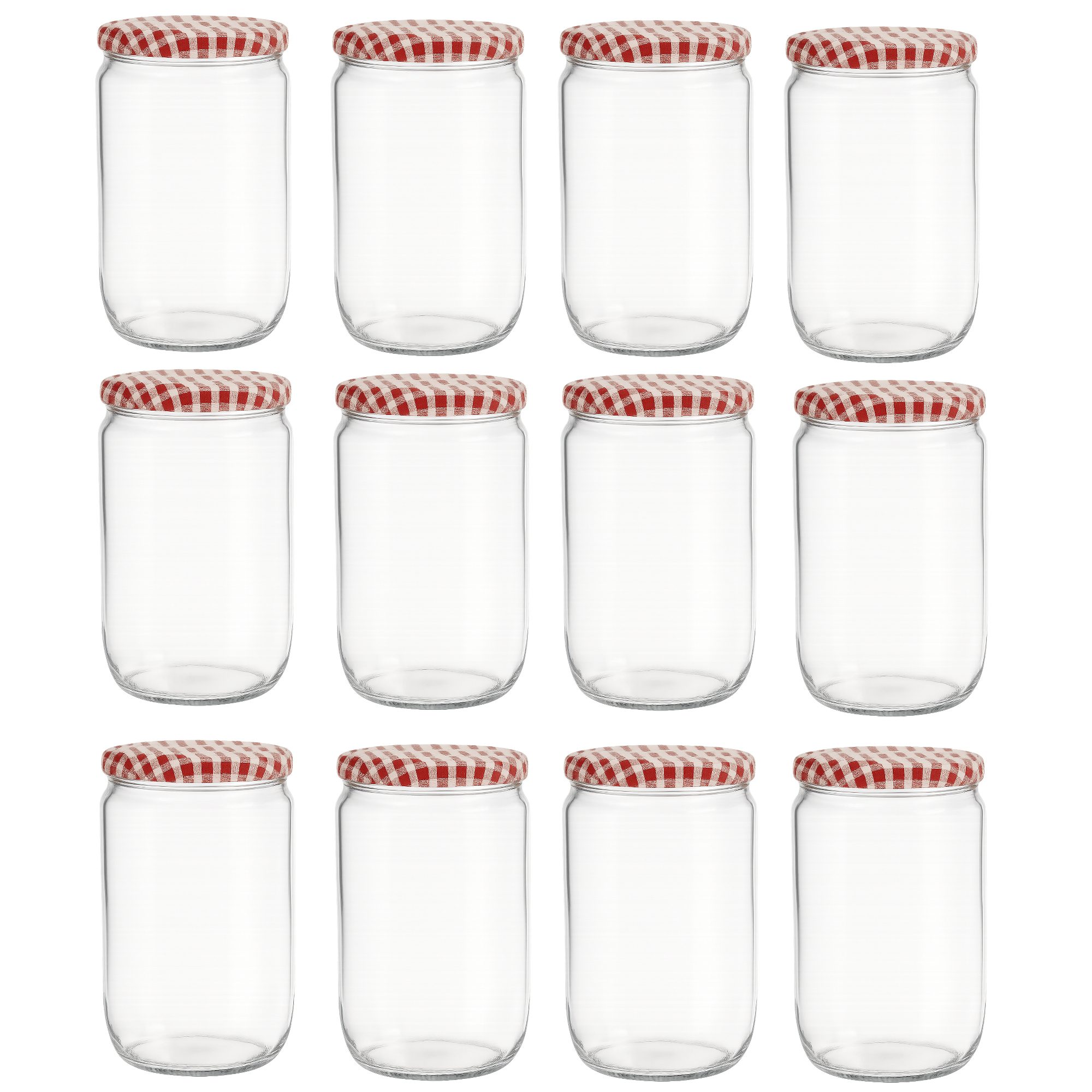 12 stuks - Confituurpot - Jampot - Inmaakpot – 720 ml – Glas – Met rood-wit geruite schroefdeksel – 8.5 x 8.5 x 15 cm