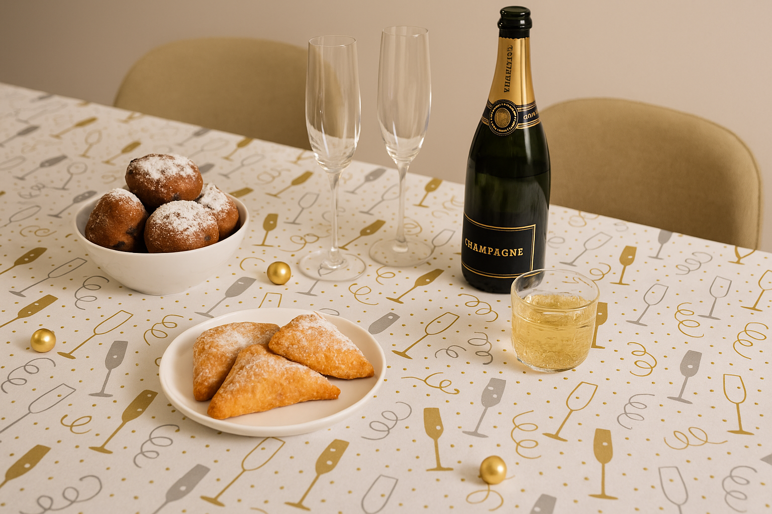 Airlaid Tafelkleed – 140 x 220 cm – Champagne & Feestdesign – Wit met Goud/Zilver – Perfect voor Oud & Nieuw - Afbeelding 2