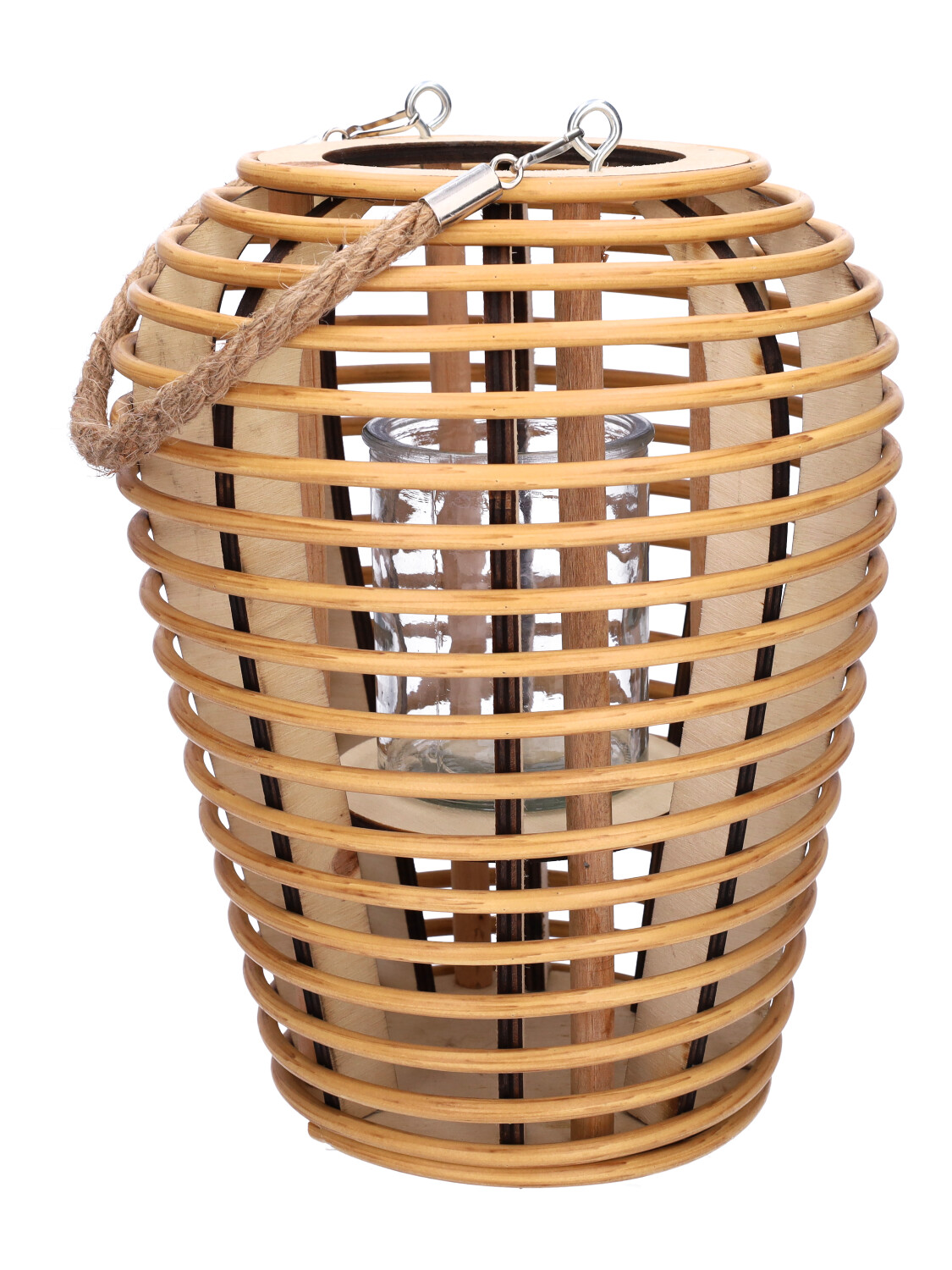 lantaarn windlicht Cannes van rotan - met kaarsglas - handvat - beige - Ø 14/21cm x H 28.5 cm