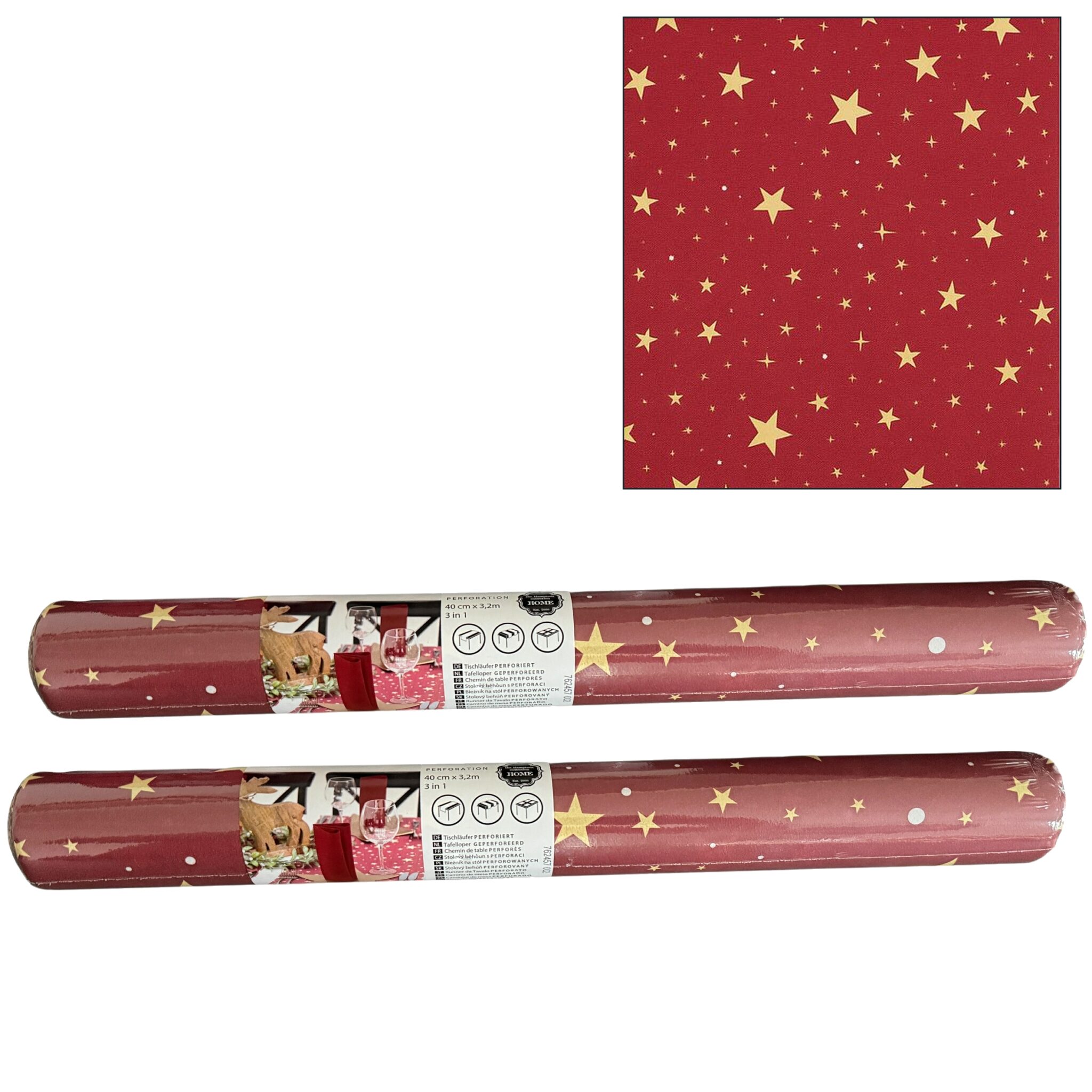 2 Rollen Airlaid Kerst Tafelloper 3-in-1 met Scheurlijn om de 40 cm – 40 x 320 cm – Kerstmotief – Tafelloper, Placemats & Tête-à-Tête – Bordeauxrood - 2 Stuks