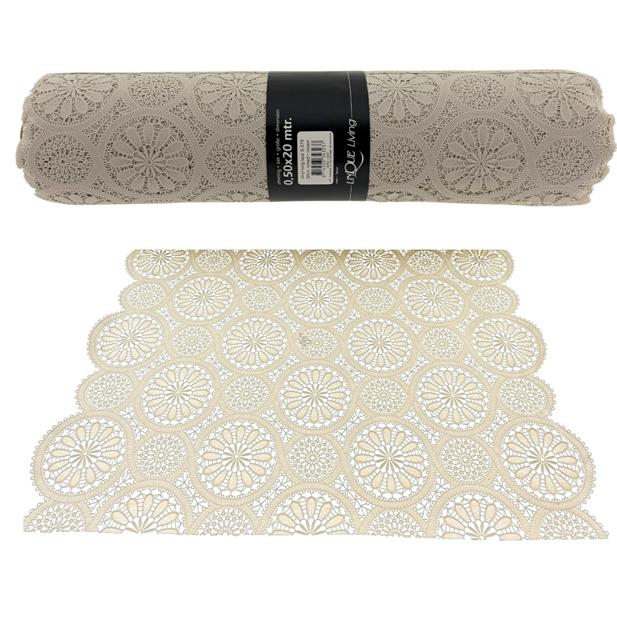 Unique Living - Vinyl - Tafelloper Op Rol - Kantmotief – 50 cm x 20 meter – Afwasbaar - Cremé