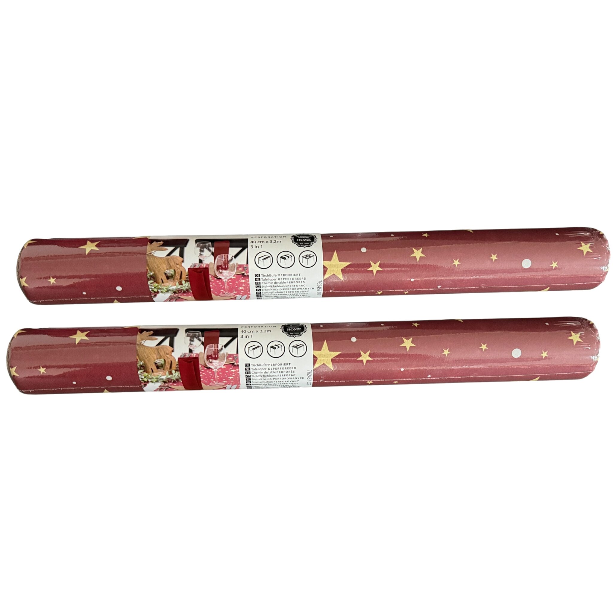 2 Rollen Airlaid Kerst Tafelloper 3-in-1 met Scheurlijn om de 40 cm – 40 x 320 cm – Kerstmotief – Tafelloper, Placemats & Tête-à-Tête – Bordeauxrood - 2 Stuks - Afbeelding 4