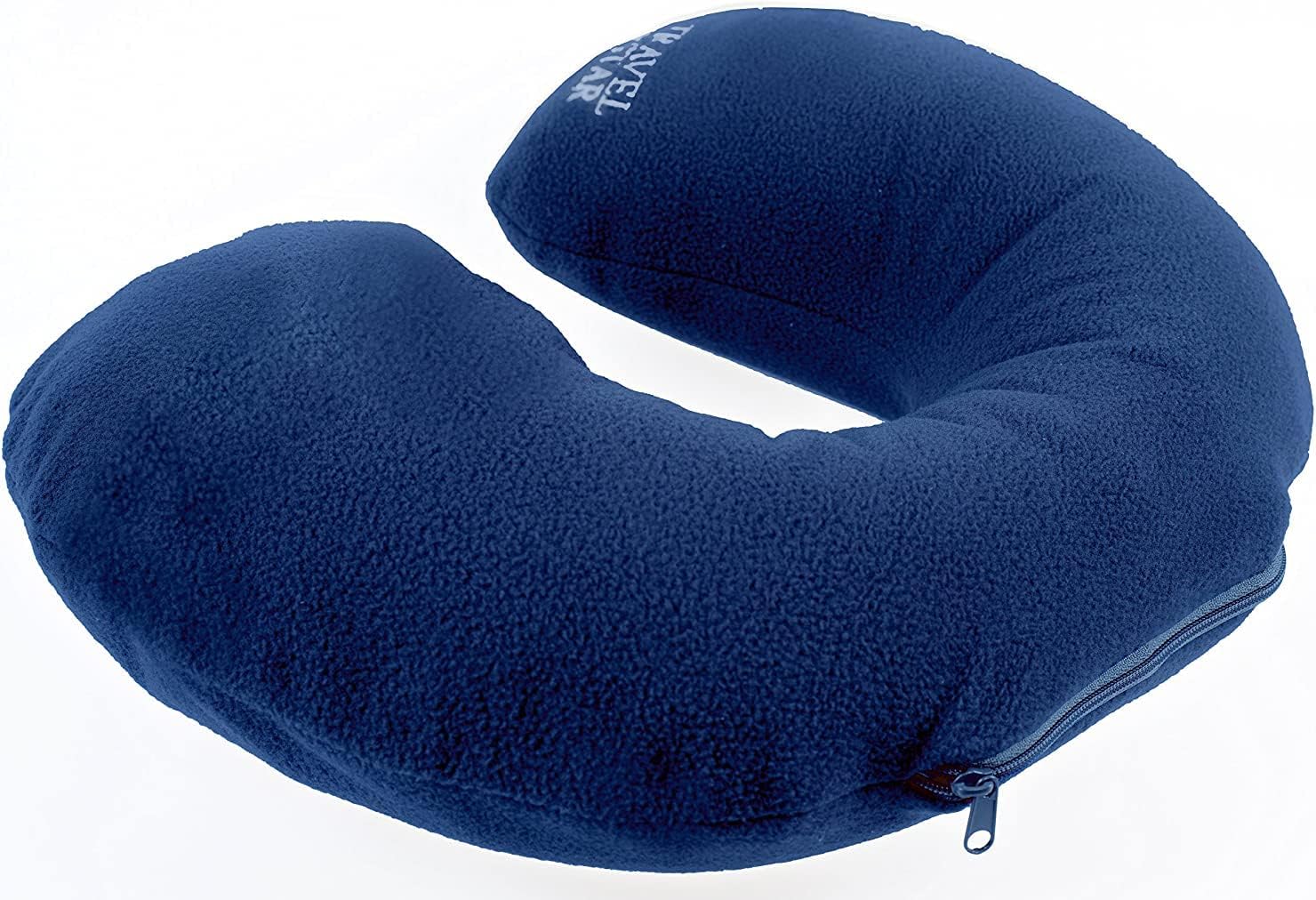 Travelstar® Opblaasbaar Nekkussen Reisset – Inclusief Slaapmasker & Oordopjes – Fleece Hoes – Wasbaar – Blauw - Afbeelding 3