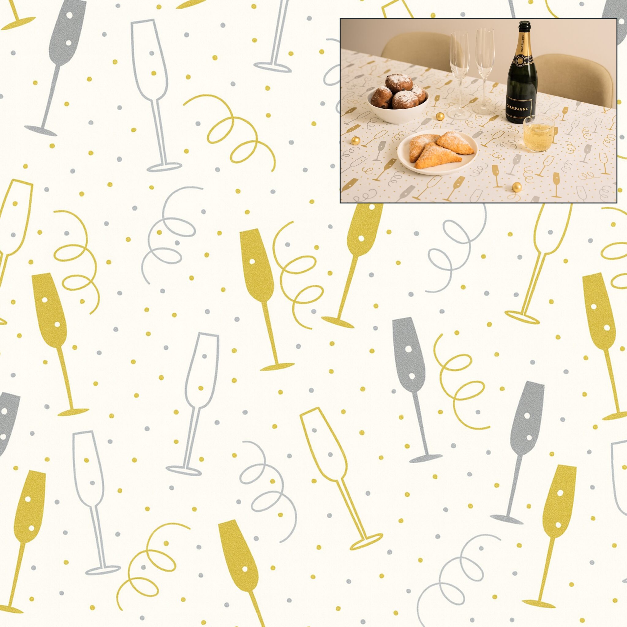 Airlaid Tafelkleed – 140 x 220 cm – Champagne & Feestdesign – Wit met Goud/Zilver – Perfect voor Oud & Nieuw