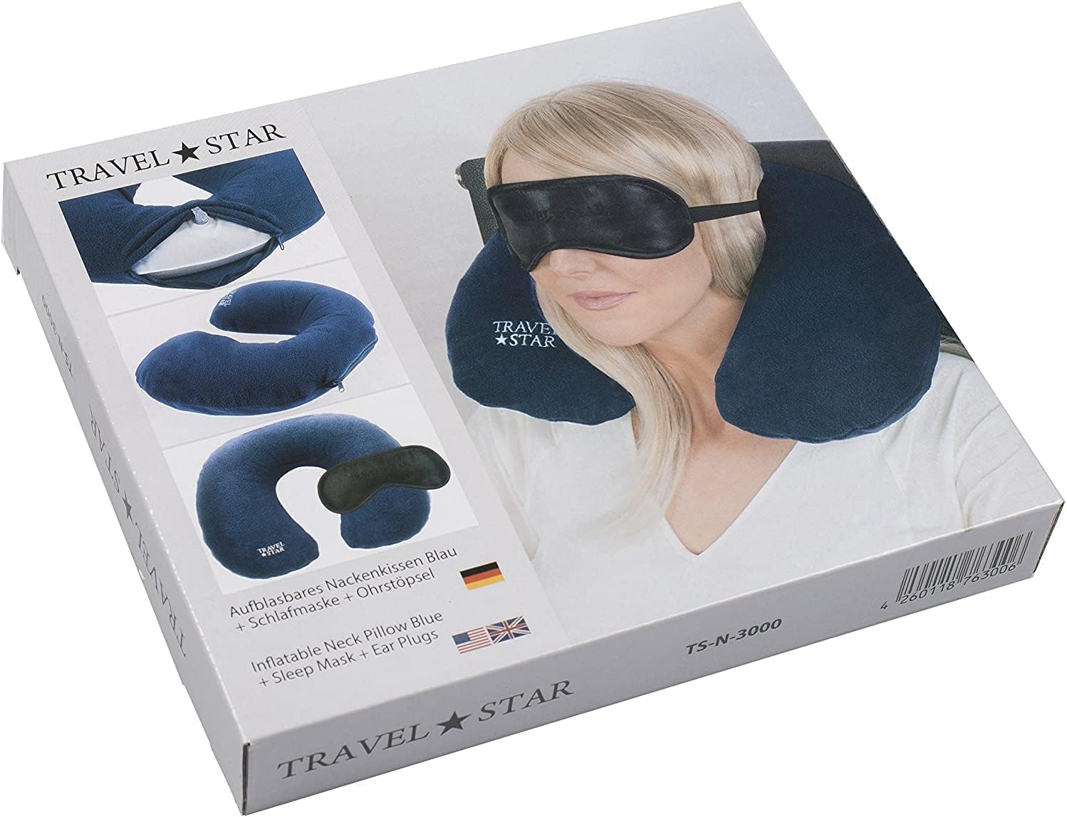 Travelstar® Opblaasbaar Nekkussen Reisset – Inclusief Slaapmasker & Oordopjes – Fleece Hoes – Wasbaar – Blauw - Afbeelding 6