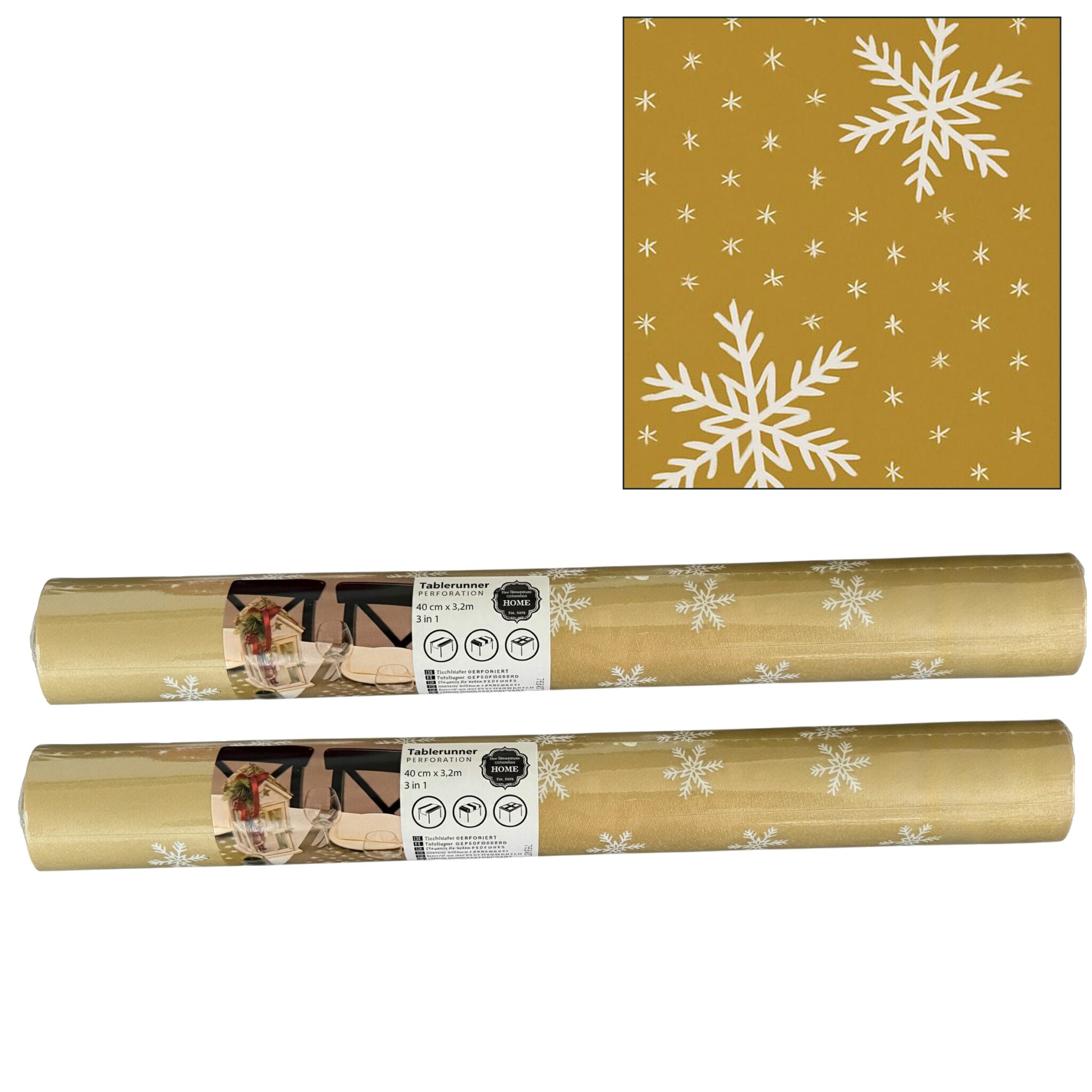 2 Rollen Airlaid Kerst Tafelloper 3-in-1 met Scheurlijn om de 40 cm – 40 x 320 cm – Kerstmotief – Tafelloper, Placemats & Tête-à-Tête – Goud - 2 Stuks