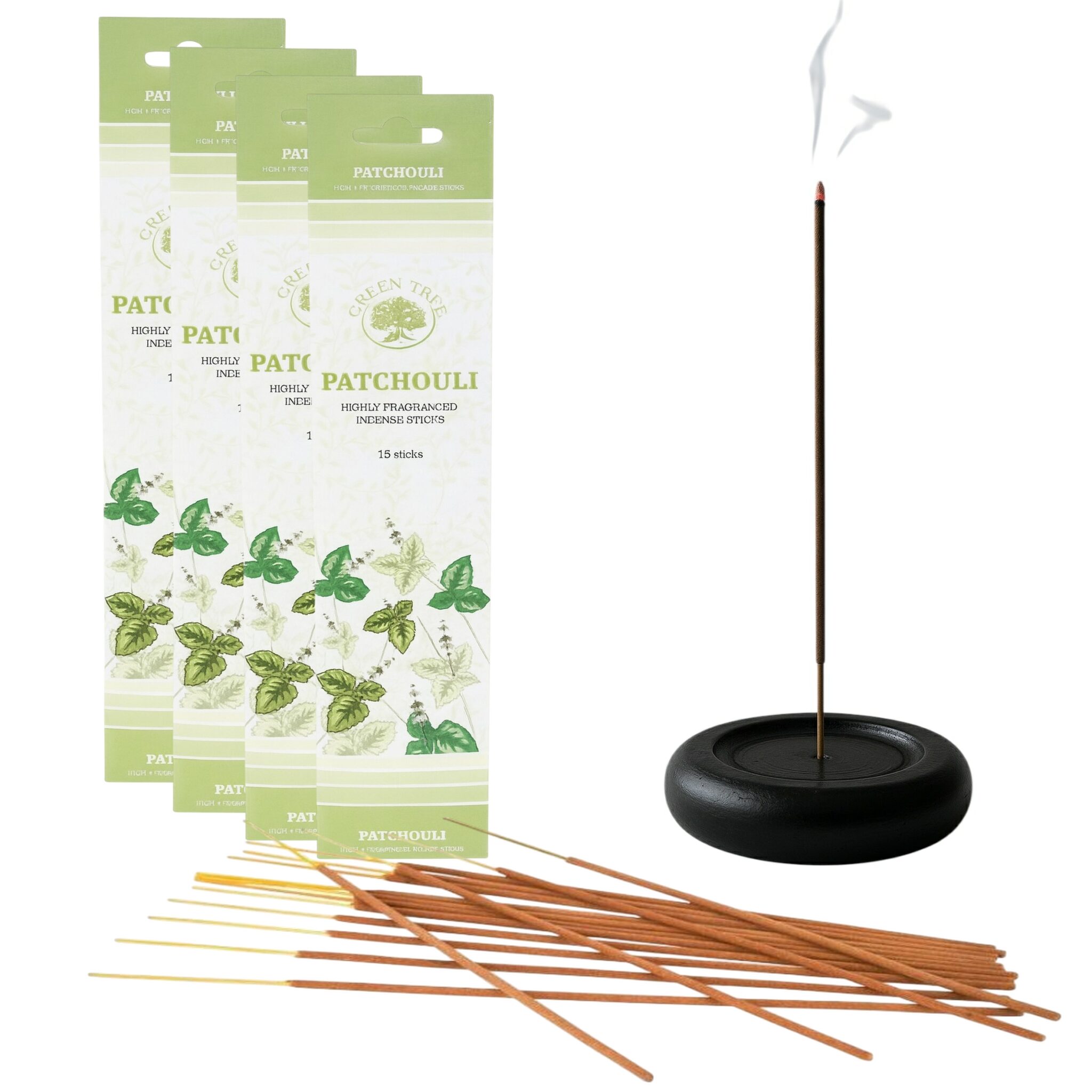 Green Tree Wierookstokjes Patchouli – 4 x 15 stuks – Inclusief houten wierookhouder – Handgerold in India