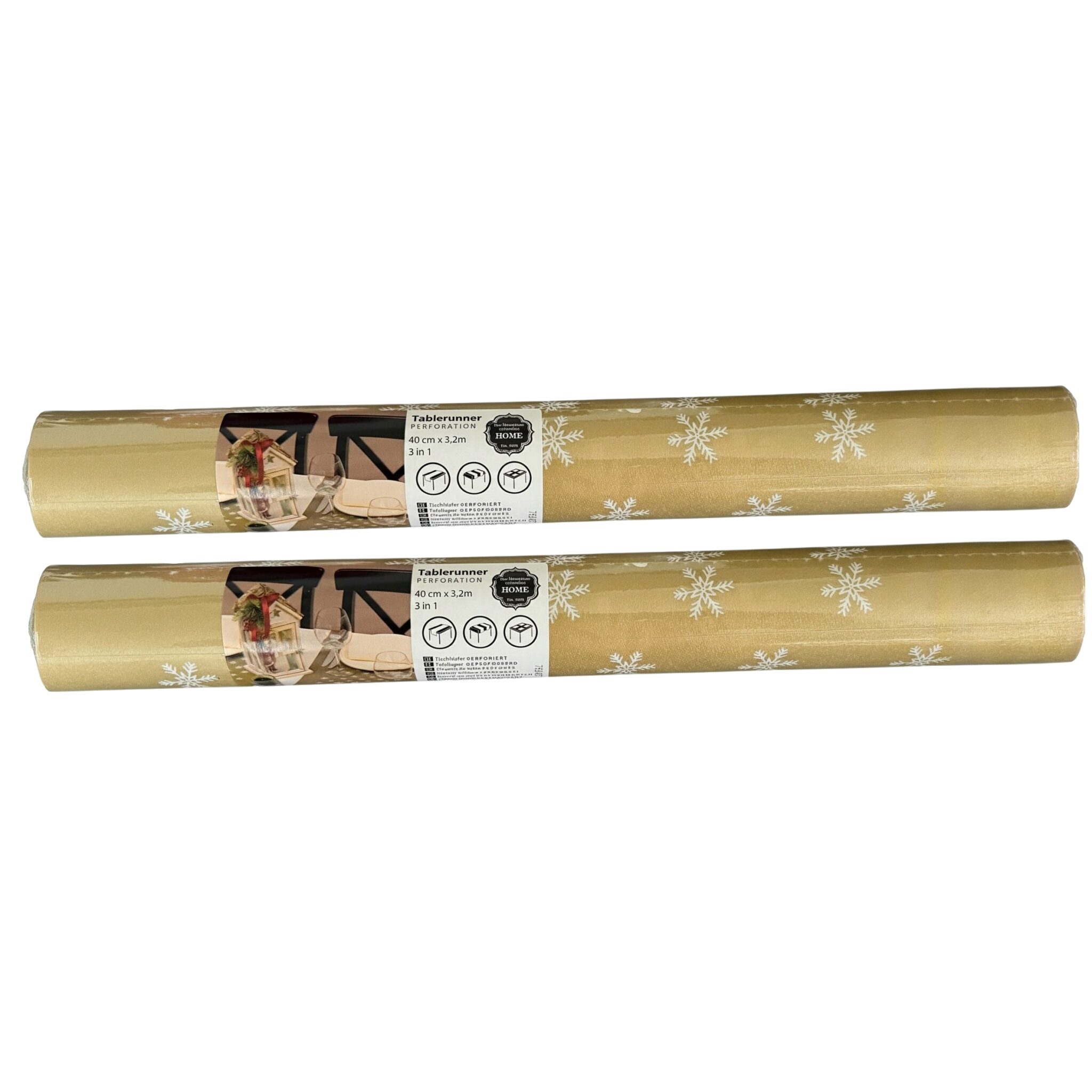 2 Rollen Airlaid Kerst Tafelloper 3-in-1 met Scheurlijn om de 40 cm – 40 x 320 cm – Kerstmotief – Tafelloper, Placemats & Tête-à-Tête – Goud - 2 Stuks - Afbeelding 4