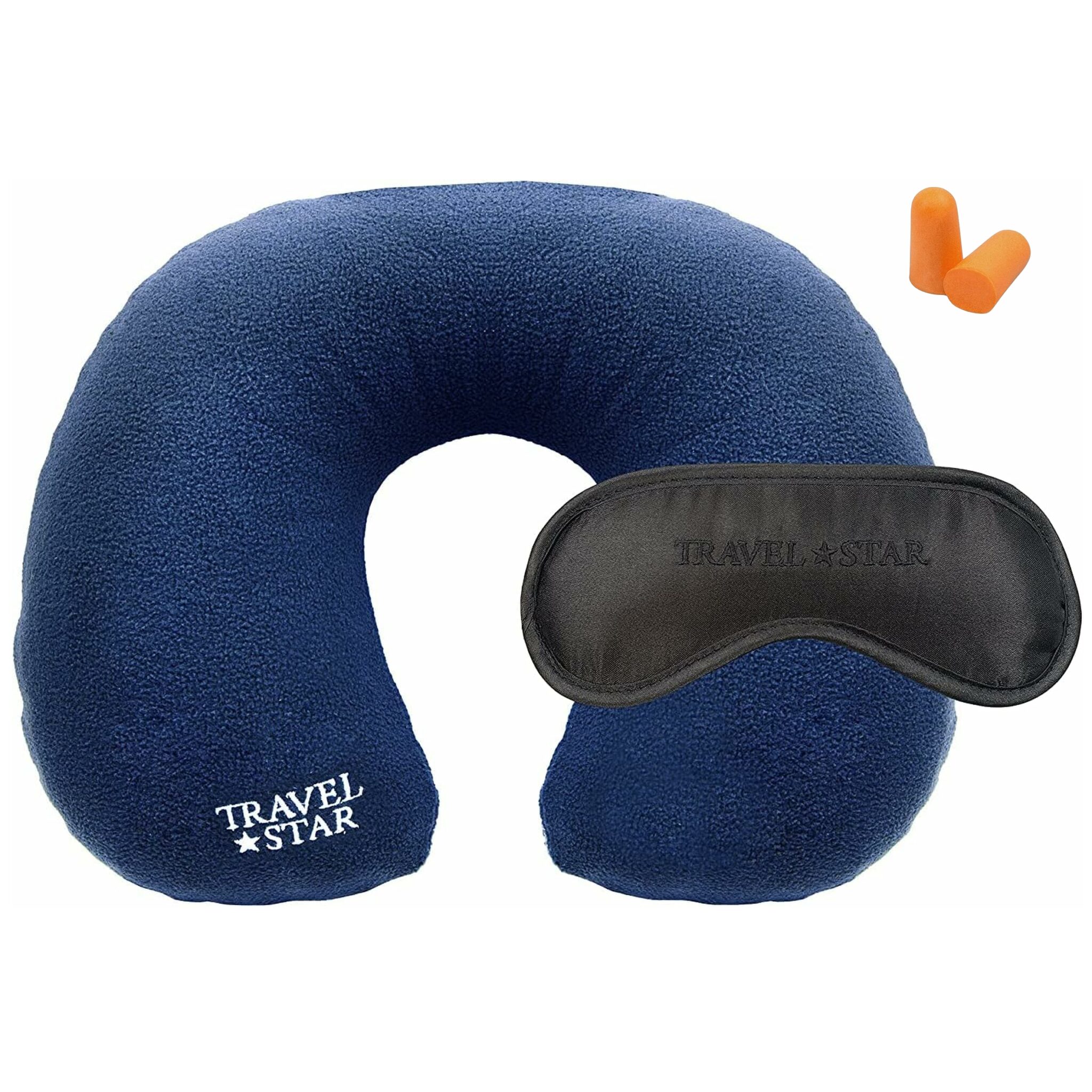 Travelstar® Opblaasbaar Nekkussen Reisset – Inclusief Slaapmasker & Oordopjes – Fleece Hoes – Wasbaar – Blauw