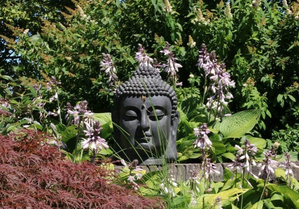 boeddha hoofd 45 cm fibre clay thuis in de tuin